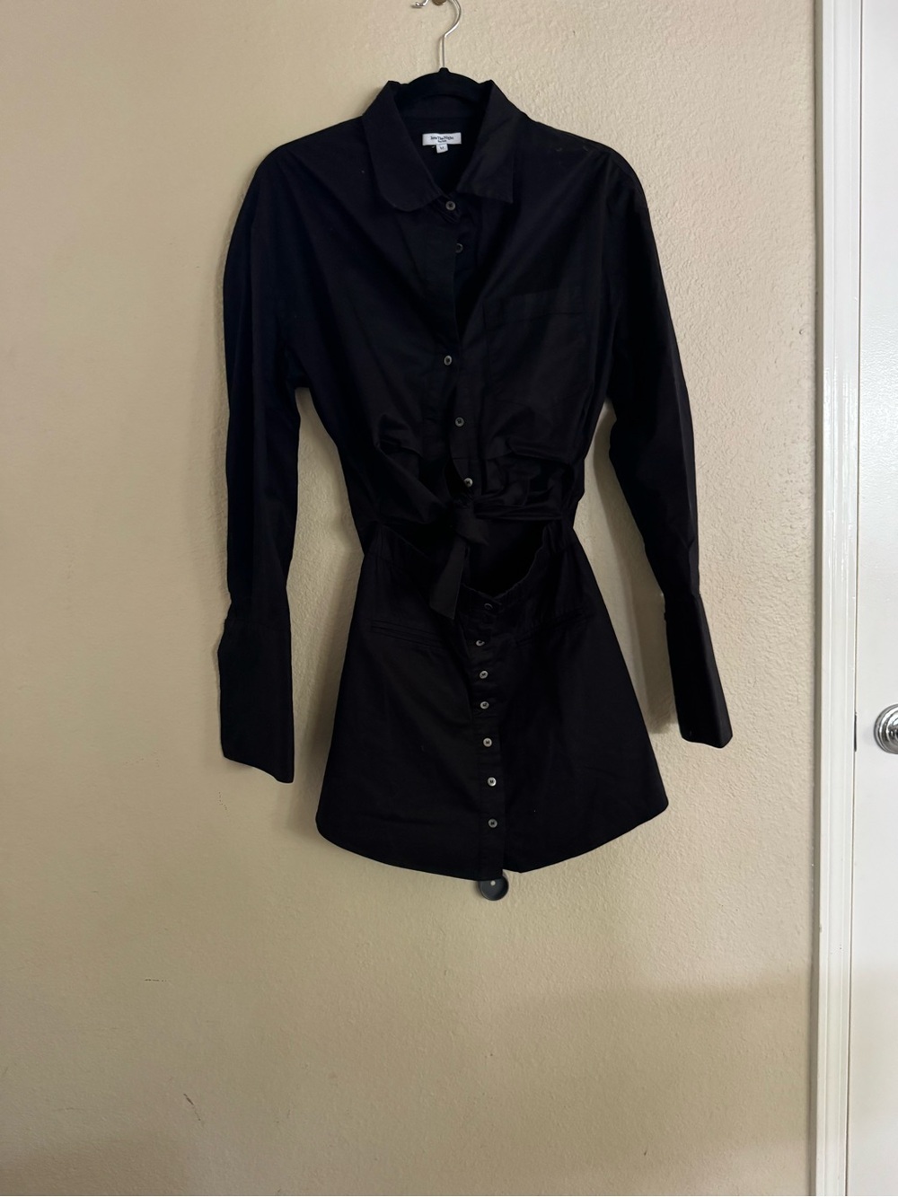 Black Button-Front Mini Shirtdress with Tie Waist